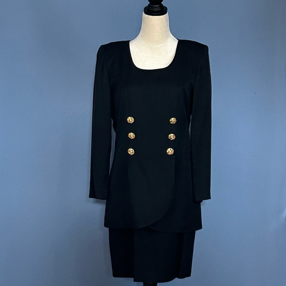 Vintage 1990s Elegant Laurus Black Tailored Dress Size 10 Gold Button Detail